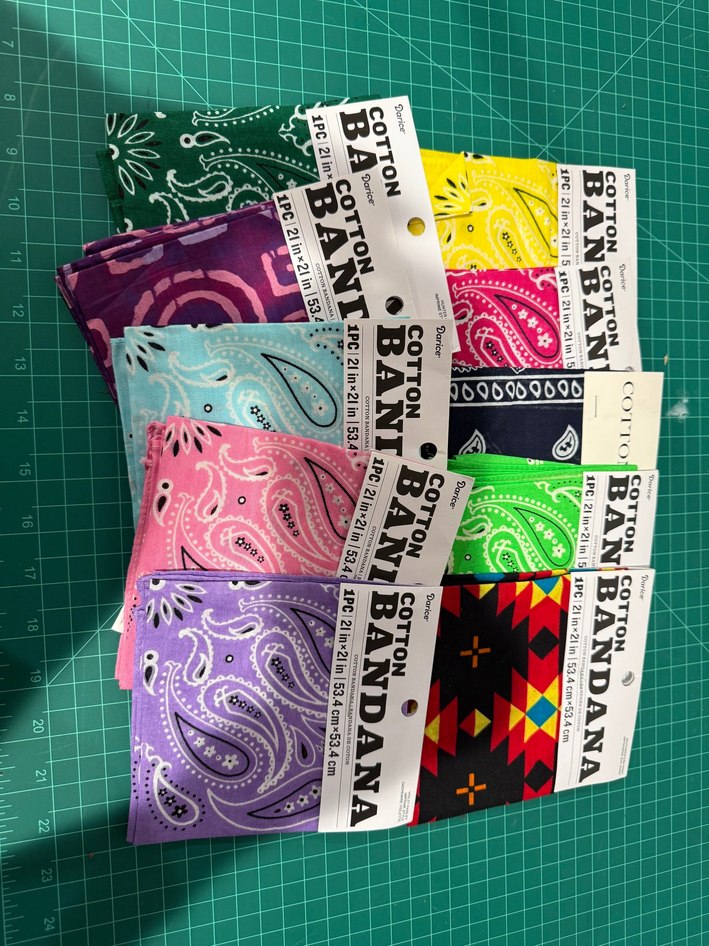 Darice assorted Cotton Bandanas 21" x 21" – Assorted Patterns – 100% Cotton Western Scarf, Hair Wrap, Craft Fabric