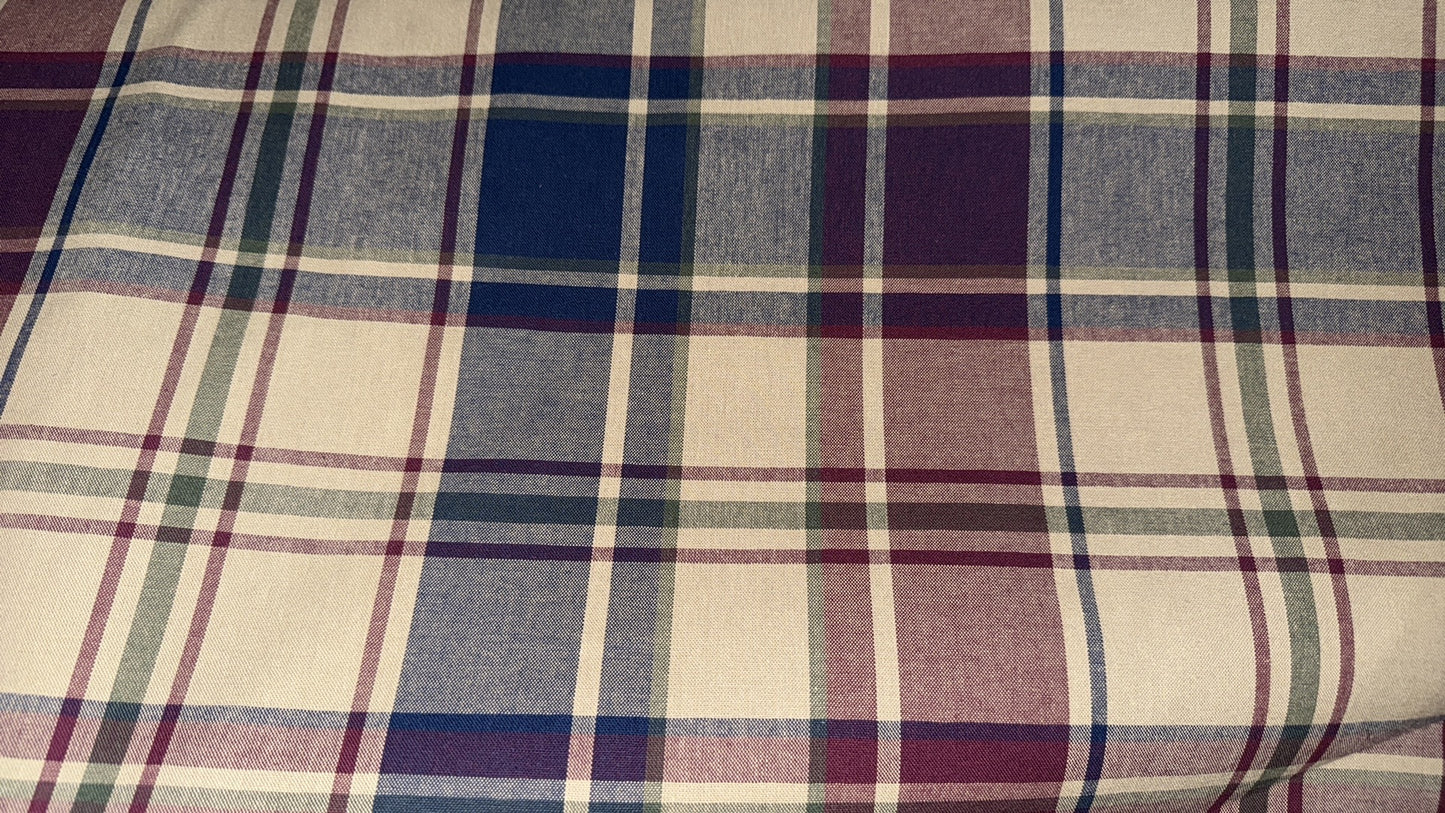 Heavy Plaid Cotton Fabric – 54+ Inches Wide – Blue, Burgundy & Cream Woven Check