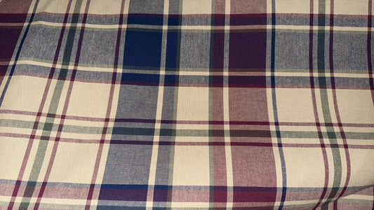 Heavy Plaid Cotton Fabric – 54+ Inches Wide – Blue, Burgundy & Cream Woven Check