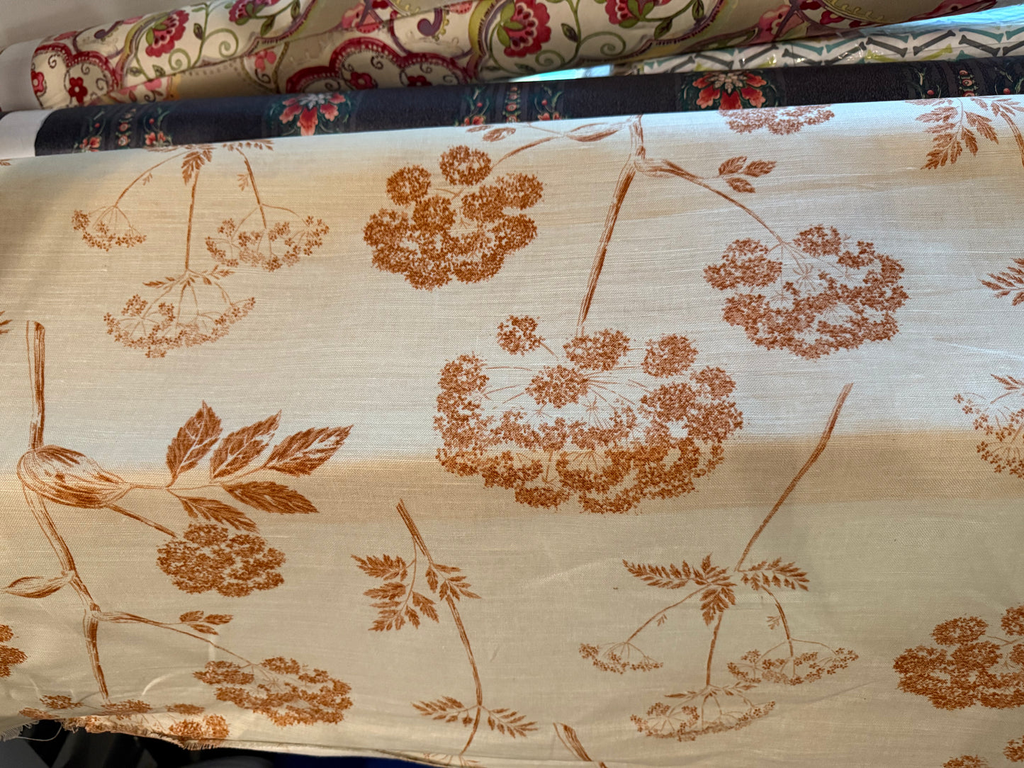 Rust Botanical Linen-Weave Fabric – Cream Floral Print | Textured Linen Blend Look | 56+ Inches Wide