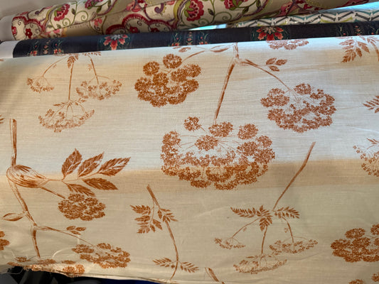 Rust Botanical Linen-Weave Fabric – Cream Floral Print | Textured Linen Blend Look | 56+ Inches Wide