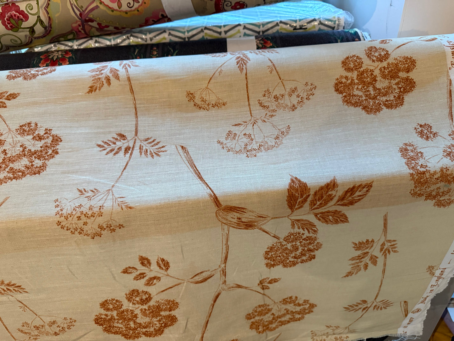 Rust Botanical Linen-Weave Fabric – Cream Floral Print | Textured Linen Blend Look | 56+ Inches Wide