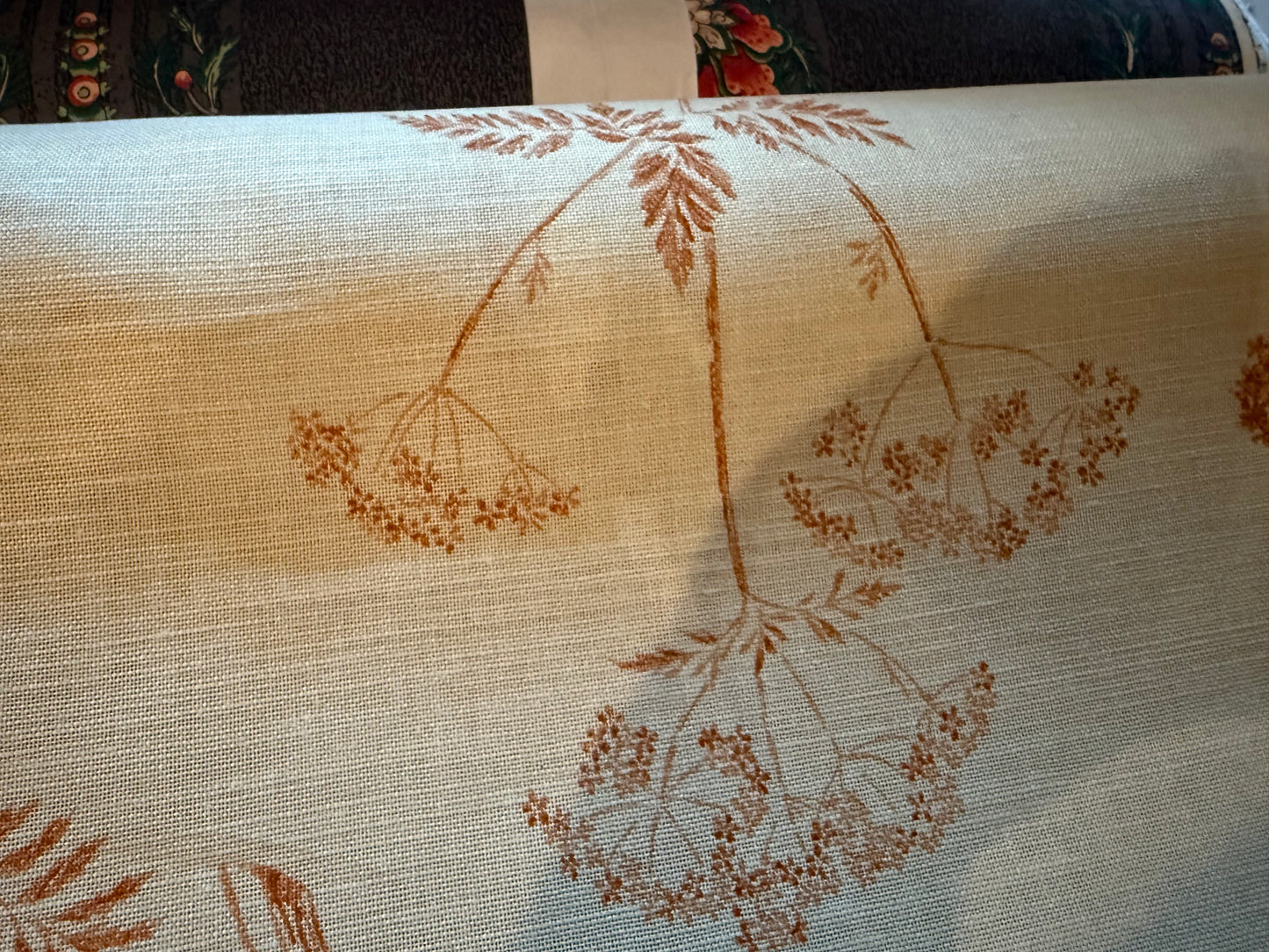 Rust Botanical Linen-Weave Fabric – Cream Floral Print | Textured Linen Blend Look | 56+ Inches Wide